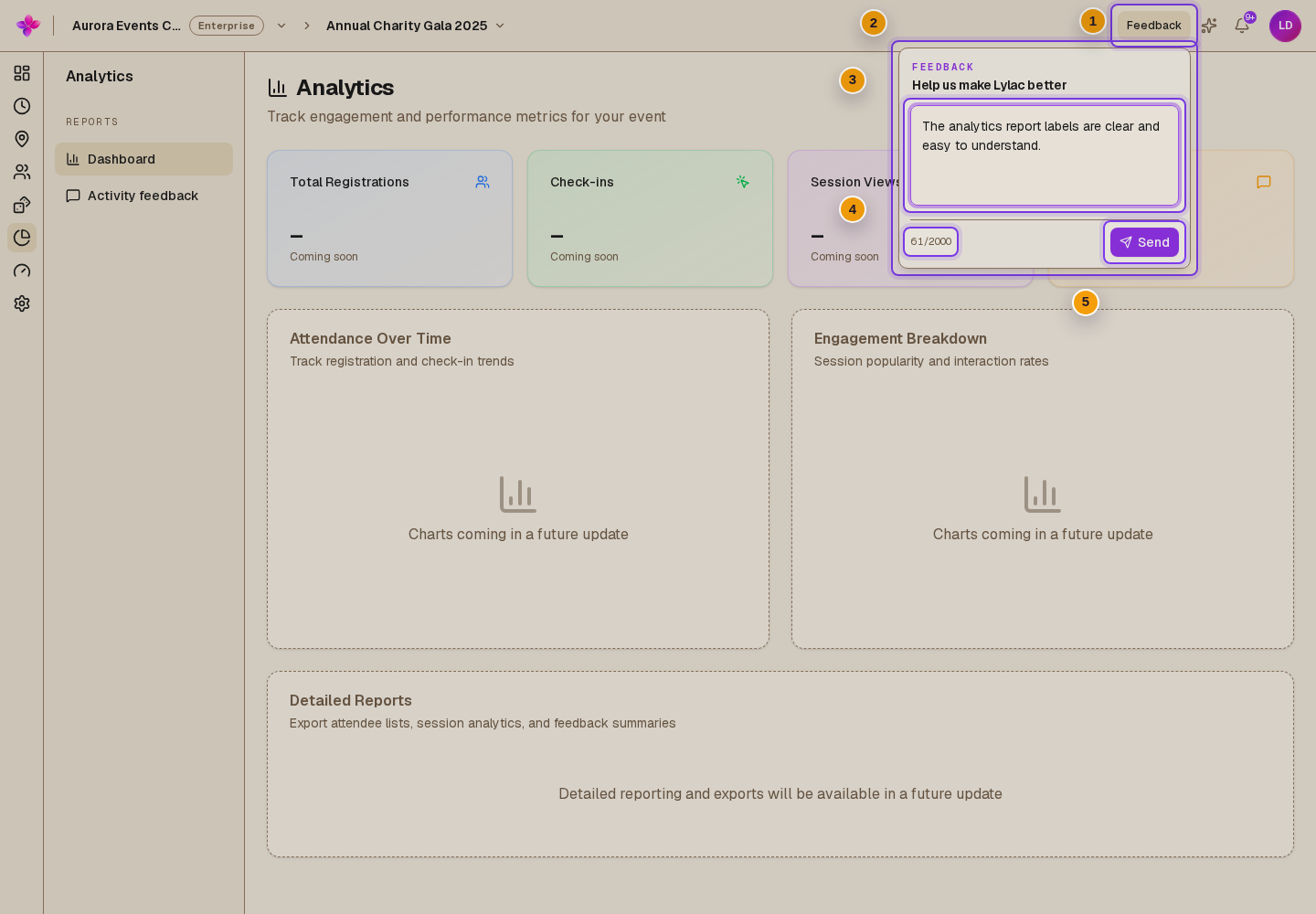 A signed-in dashboard page with Feedback open from the app header, showing Help us make Lylac better, the message box, character counter and Send button