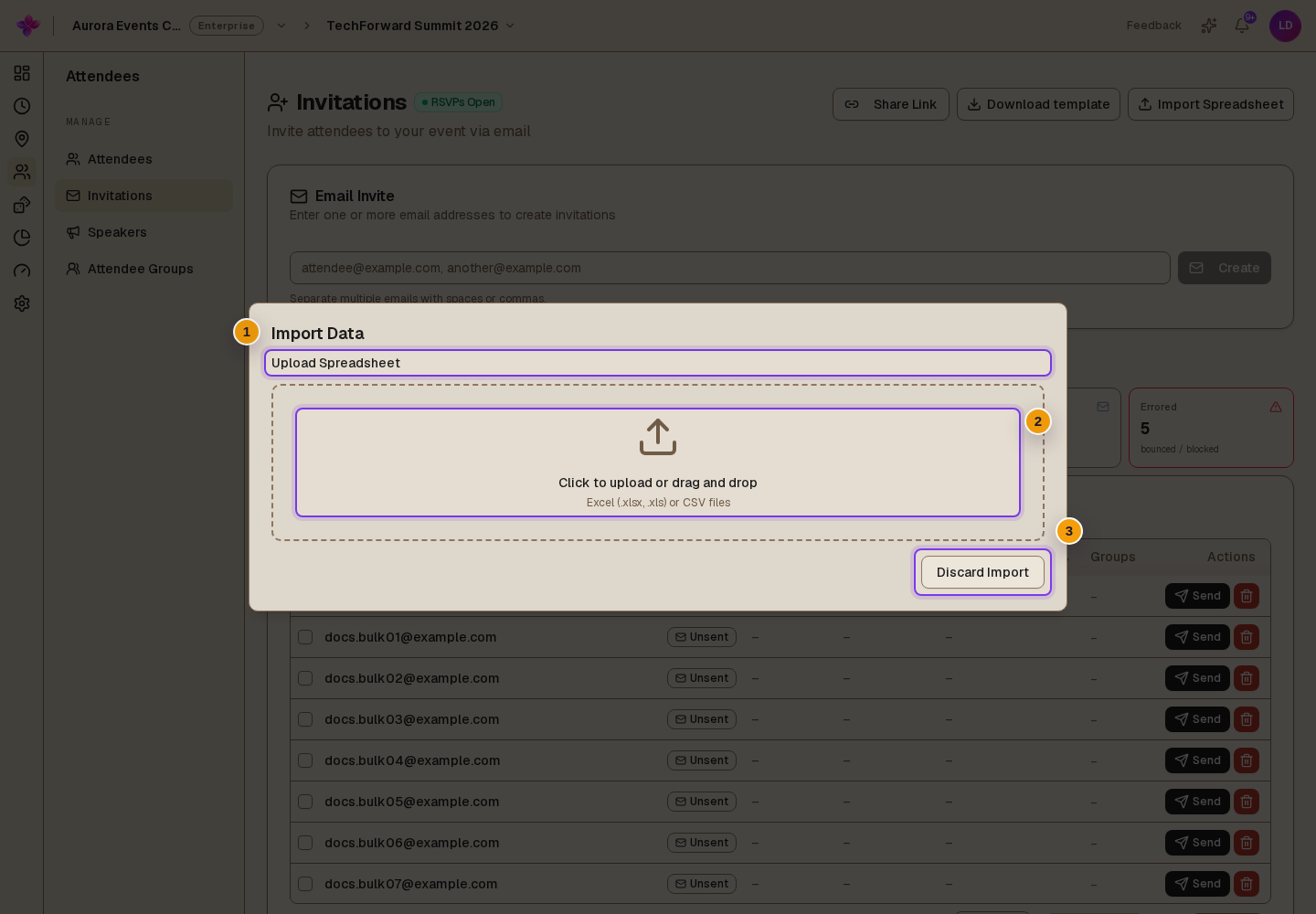 Import Data dialog with the Upload Spreadsheet area visible