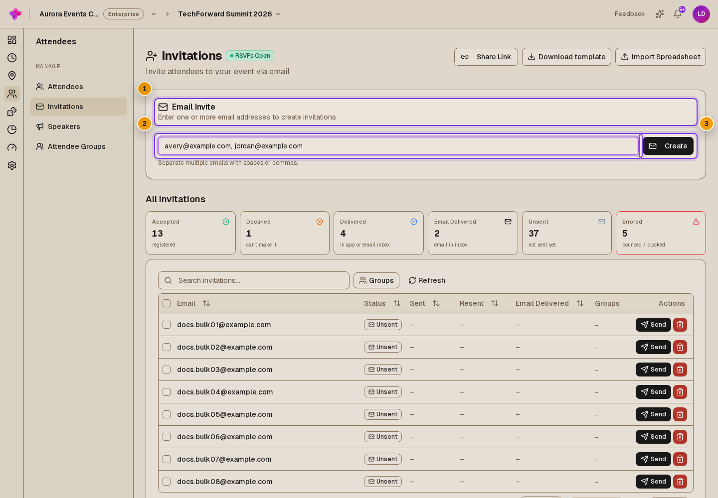 Email Invite with example addresses and Create visible