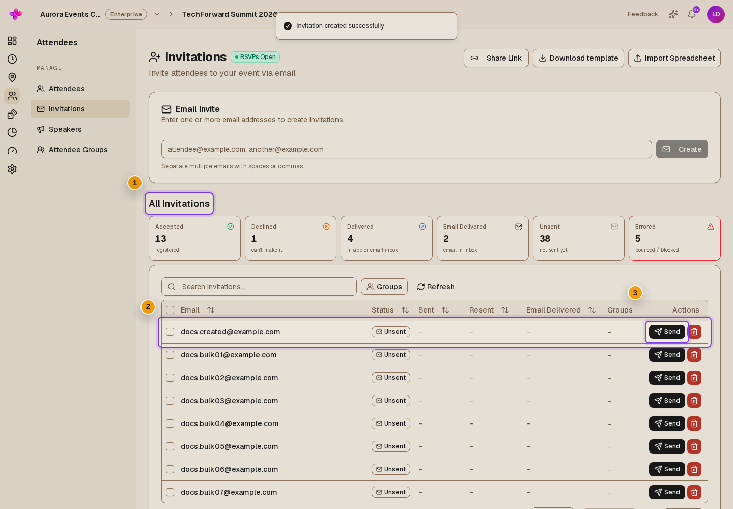 All Invitations with a newly created Unsent invitation and its Send action visible