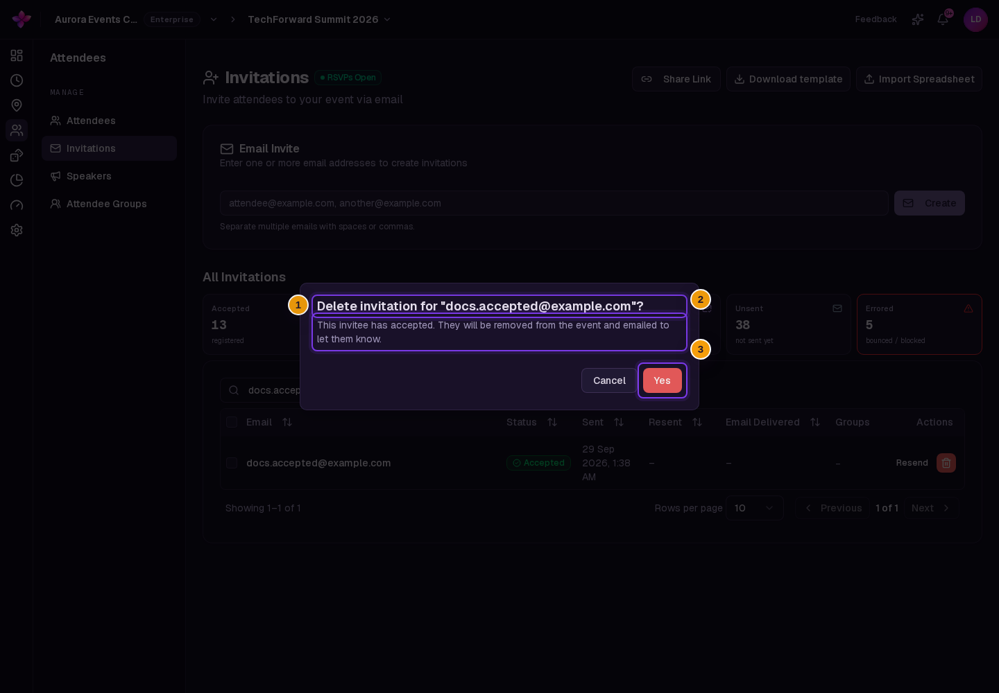 Delete confirmation for an accepted invitation showing the event removal and notification warning