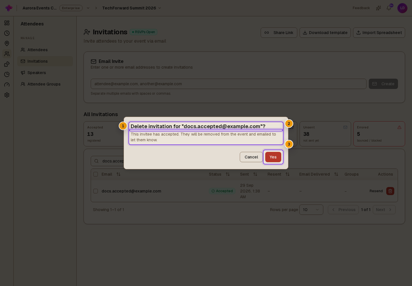 Delete confirmation for an accepted invitation showing the event removal and notification warning