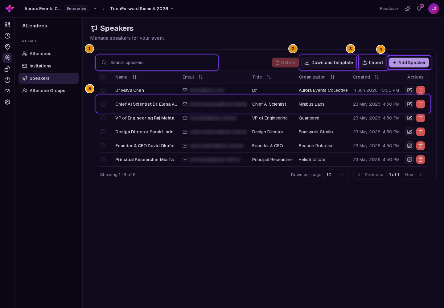 Speakers table with search, Download template, Import and Add Speaker visible
