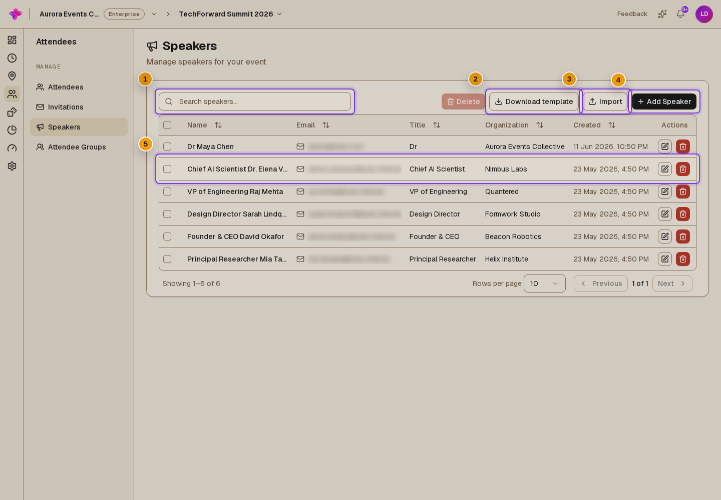 Speakers table with search, Download template, Import and Add Speaker visible
