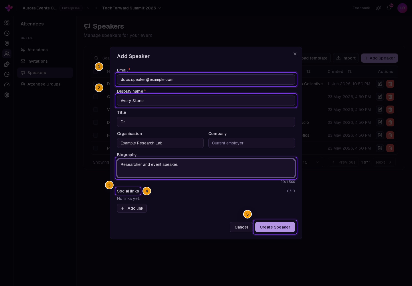 Add Speaker dialog with Email, Display name, optional profile fields and Create Speaker visible