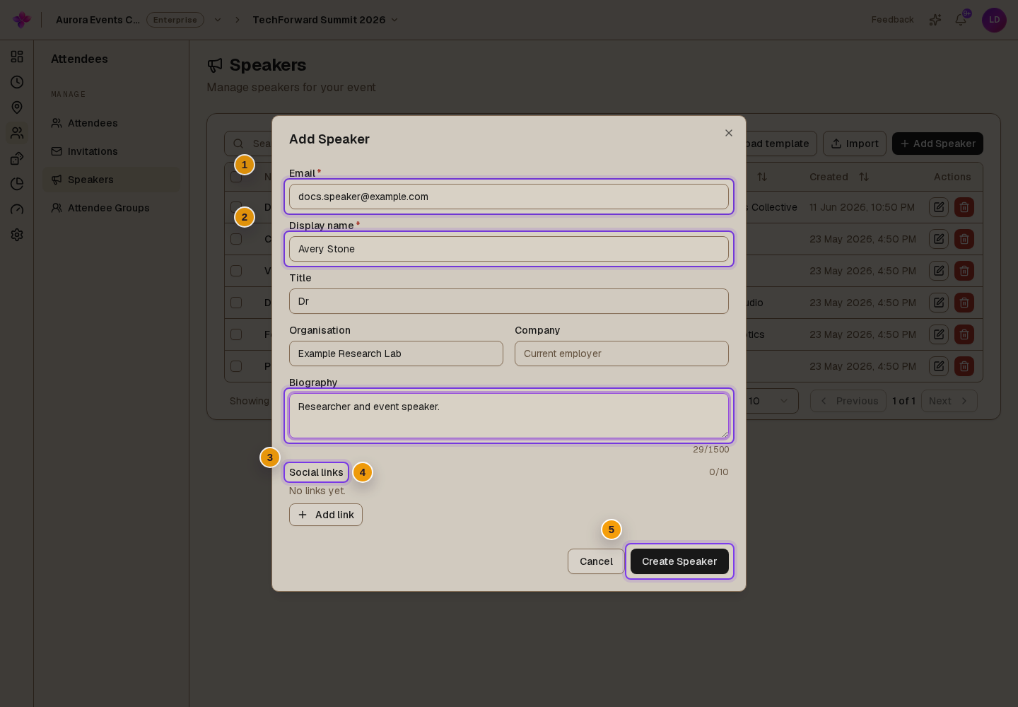 Add Speaker dialog with Email, Display name, optional profile fields and Create Speaker visible
