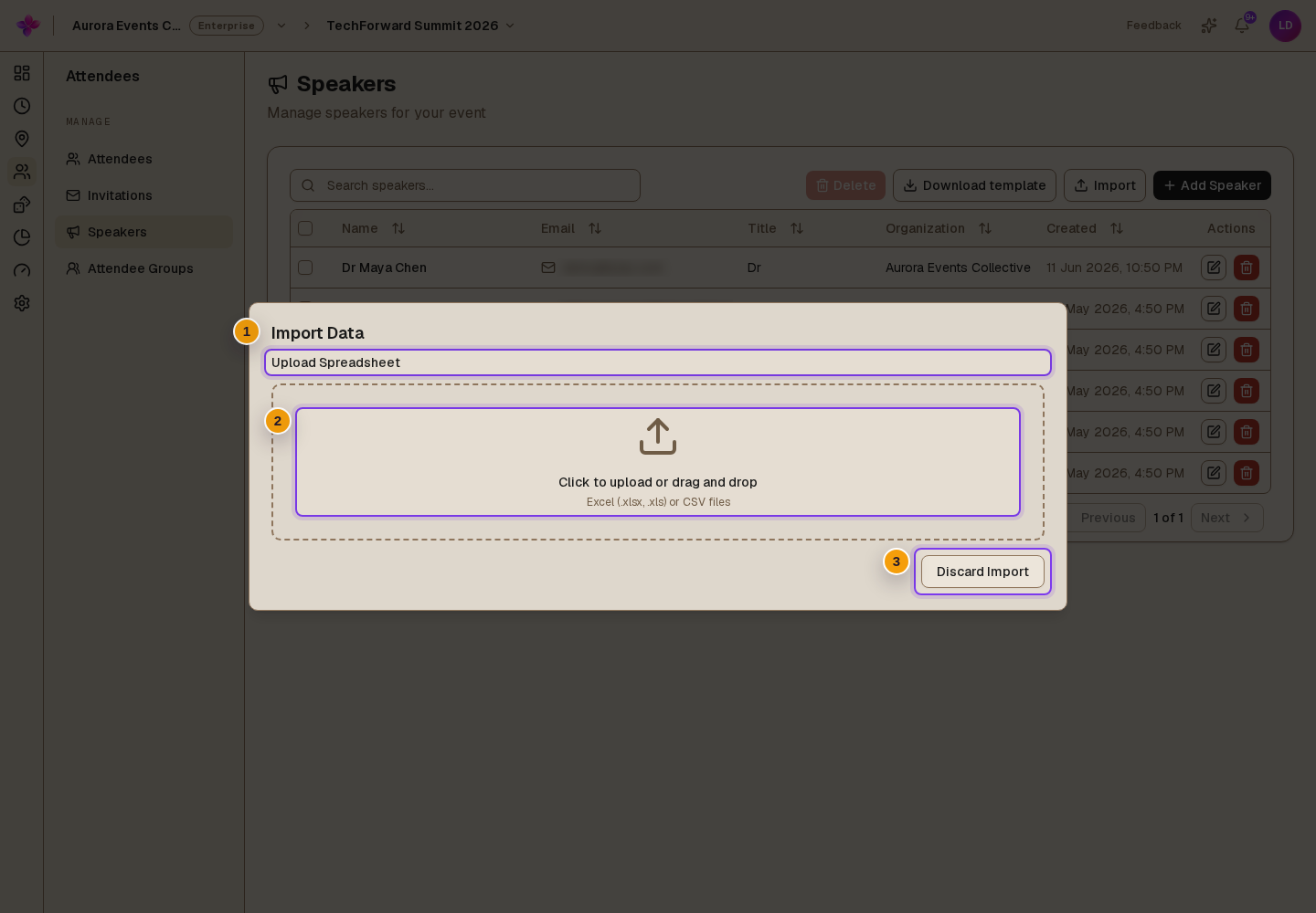 Import Data dialog with Upload Spreadsheet visible