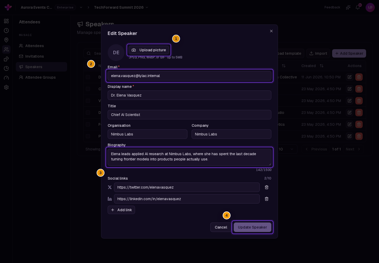 Edit Speaker dialog with picture controls, editable fields and Update Speaker visible