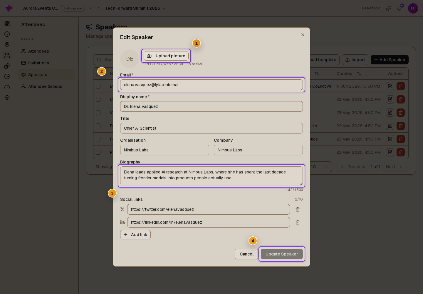 Edit Speaker dialog with picture controls, editable fields and Update Speaker visible