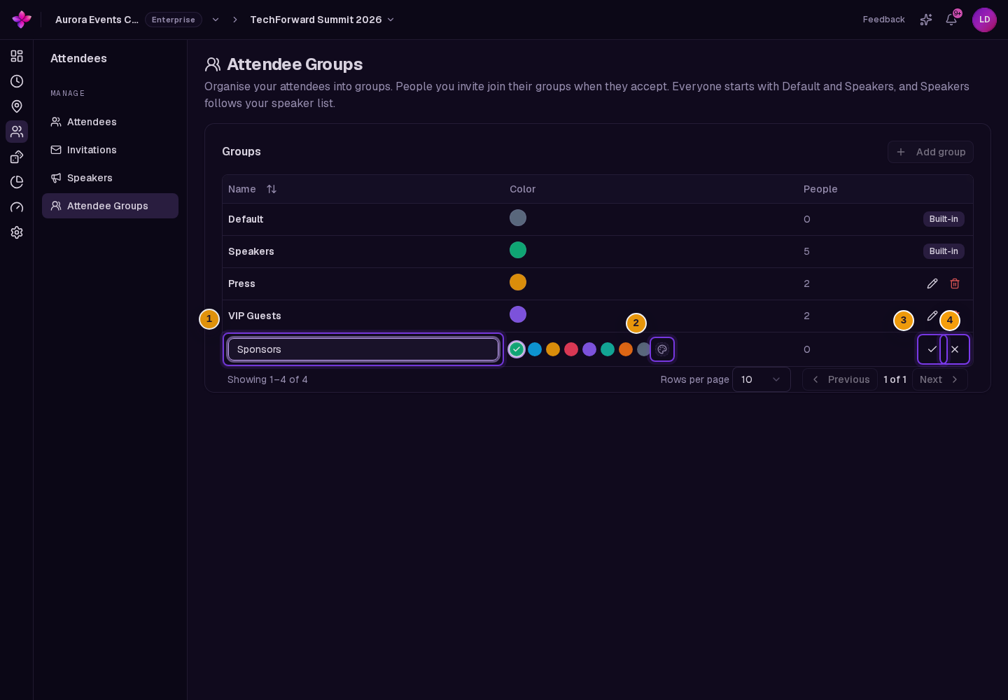 New group row with name, colour picker and Save control visible