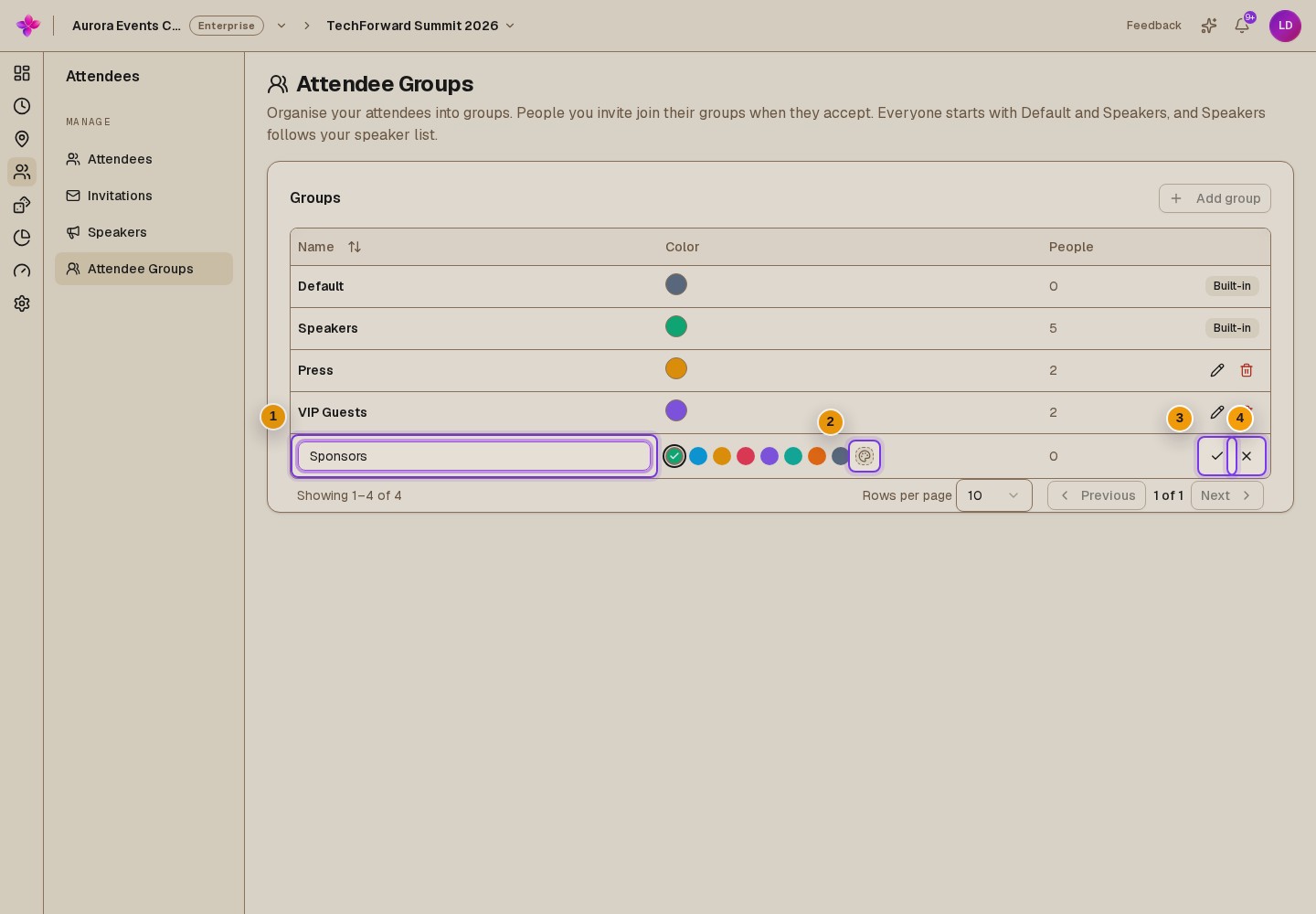 New group row with name, colour picker and Save control visible