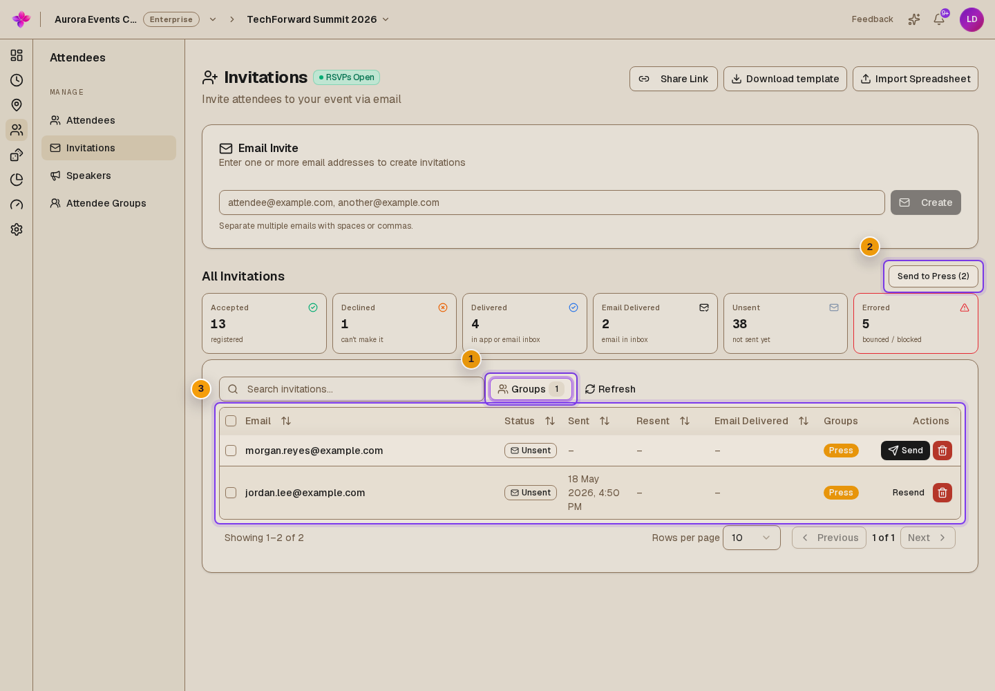 Groups filter applied with Send to group and the filtered invitations visible