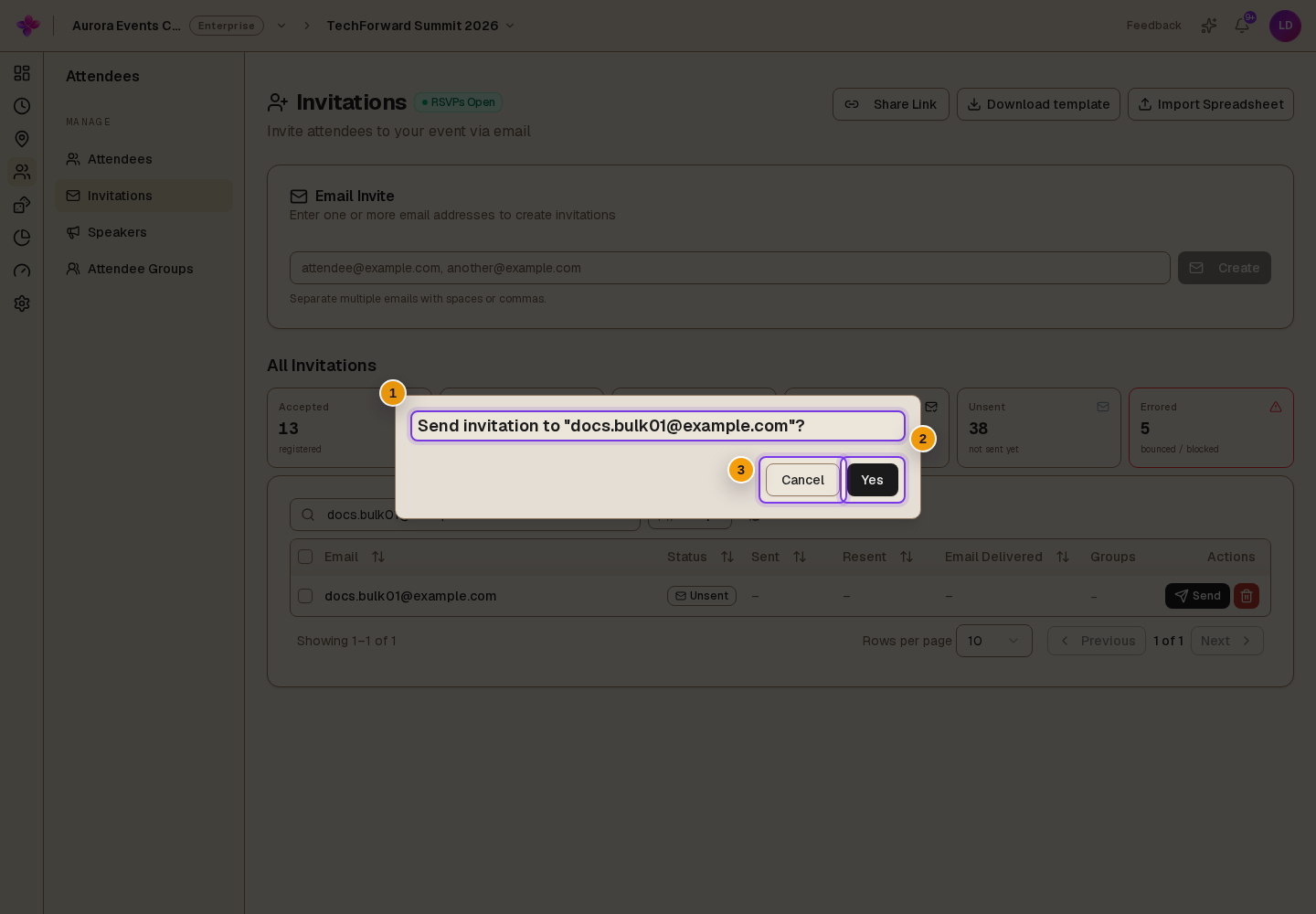 Single invitation send confirmation showing the example recipient address