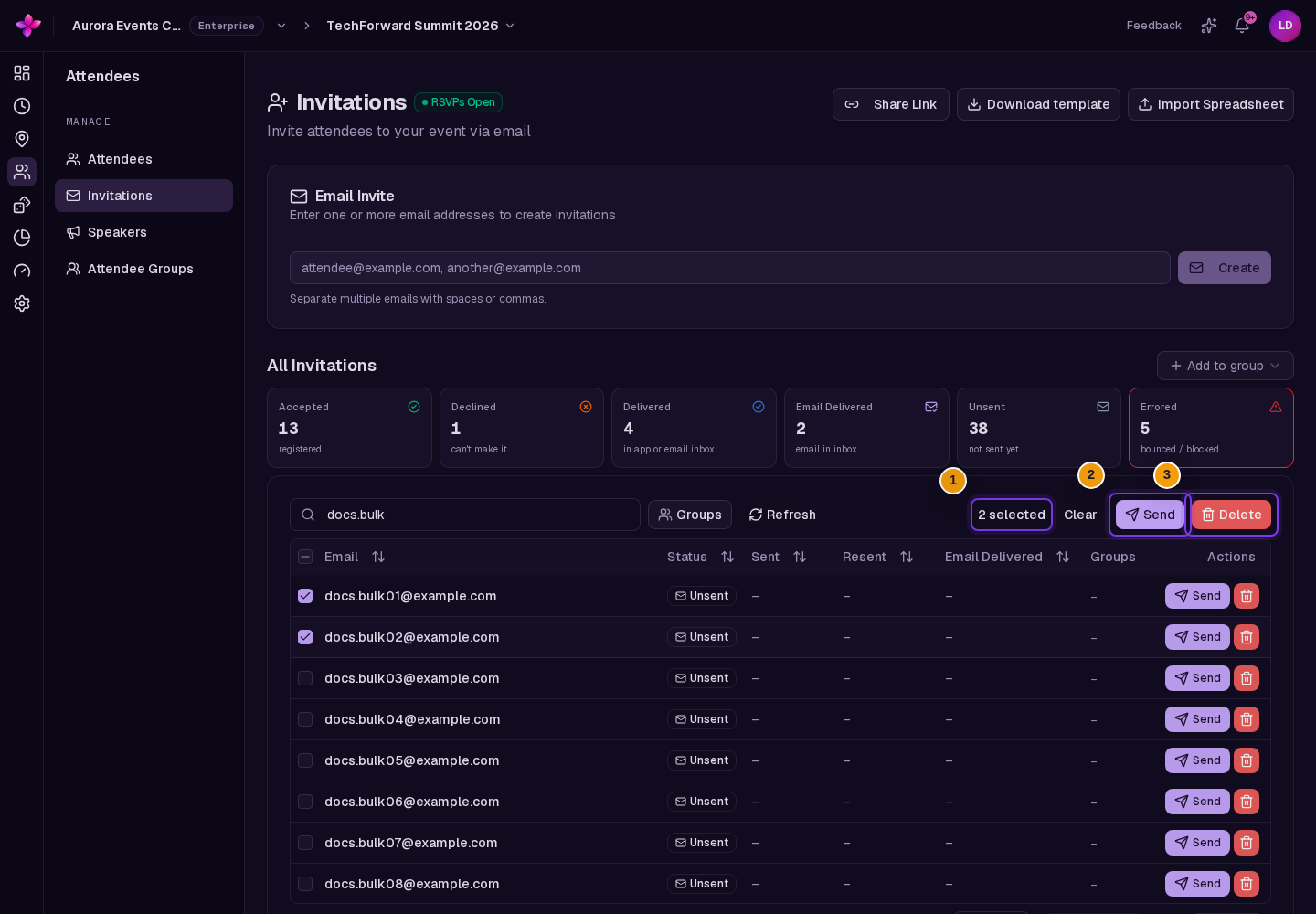 Selected pending invitations with the bulk Send count visible