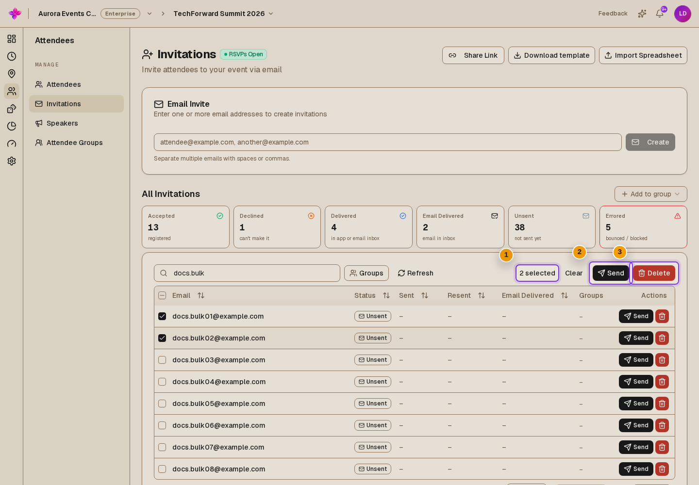 Selected pending invitations with the bulk Send count visible