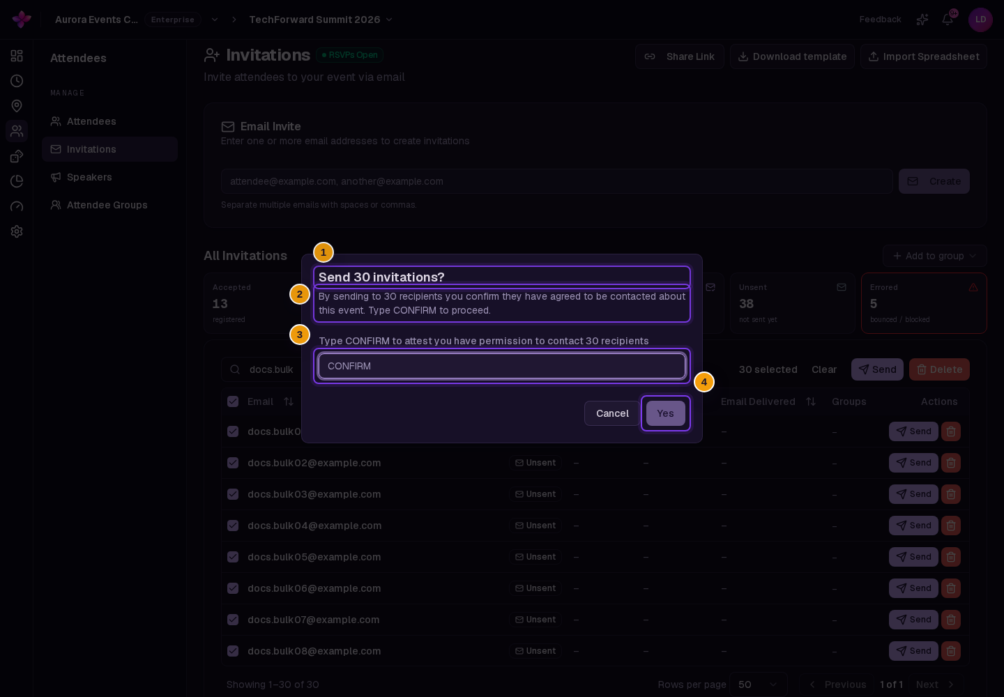 Bulk send confirmation for at least 25 recipients with the CONFIRM input and any sending-limit message visible