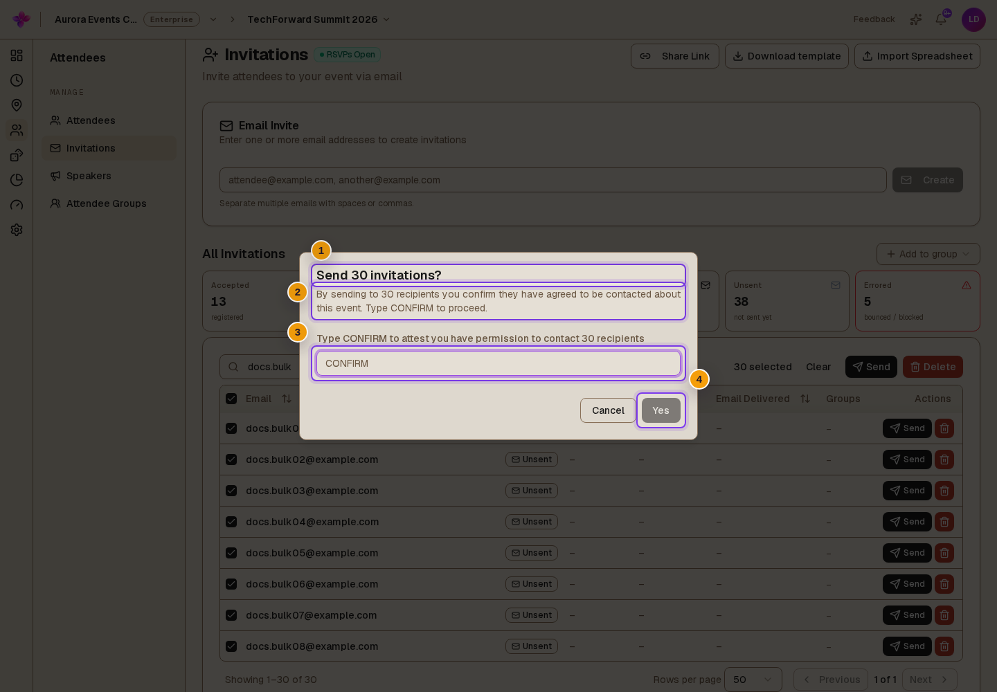 Bulk send confirmation for at least 25 recipients with the CONFIRM input and any sending-limit message visible