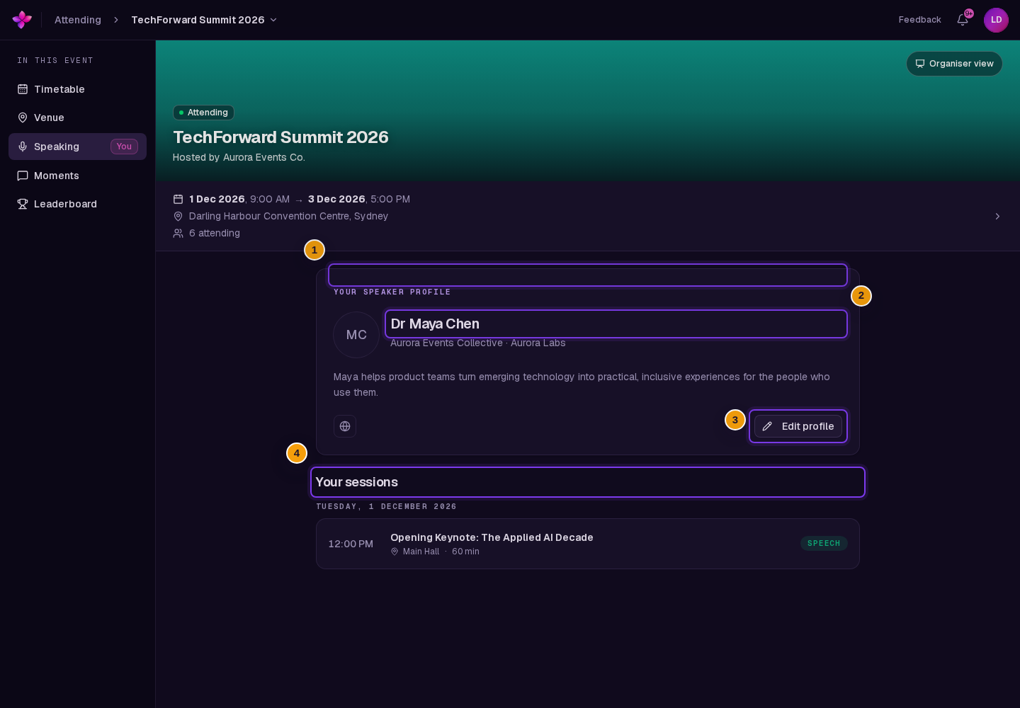 Matched admitted speaker with Your speaker profile and Edit profile visible