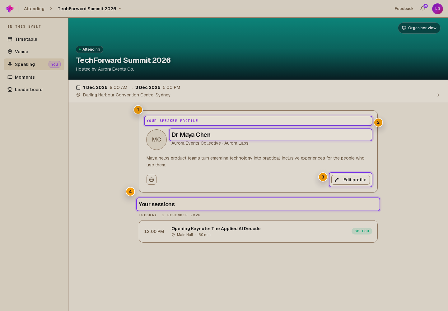 Matched admitted speaker with Your speaker profile and Edit profile visible