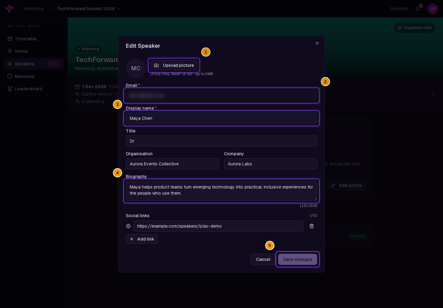 Edit Speaker dialog in self-edit mode with locked Email, profile fields, picture controls and Save changes visible