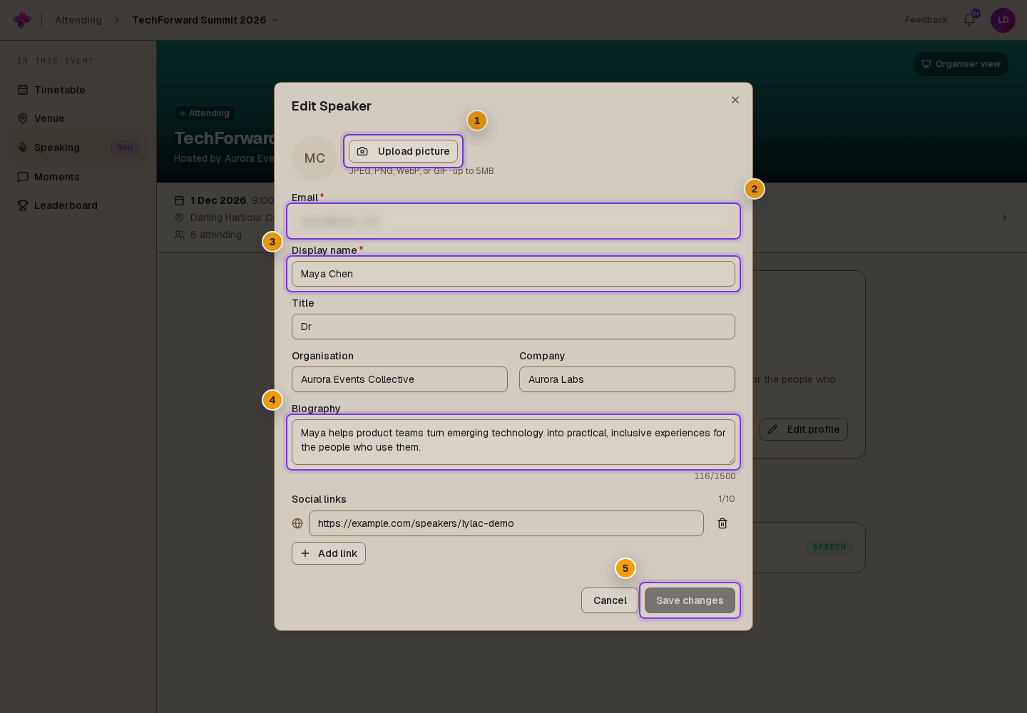 Edit Speaker dialog in self-edit mode with locked Email, profile fields, picture controls and Save changes visible