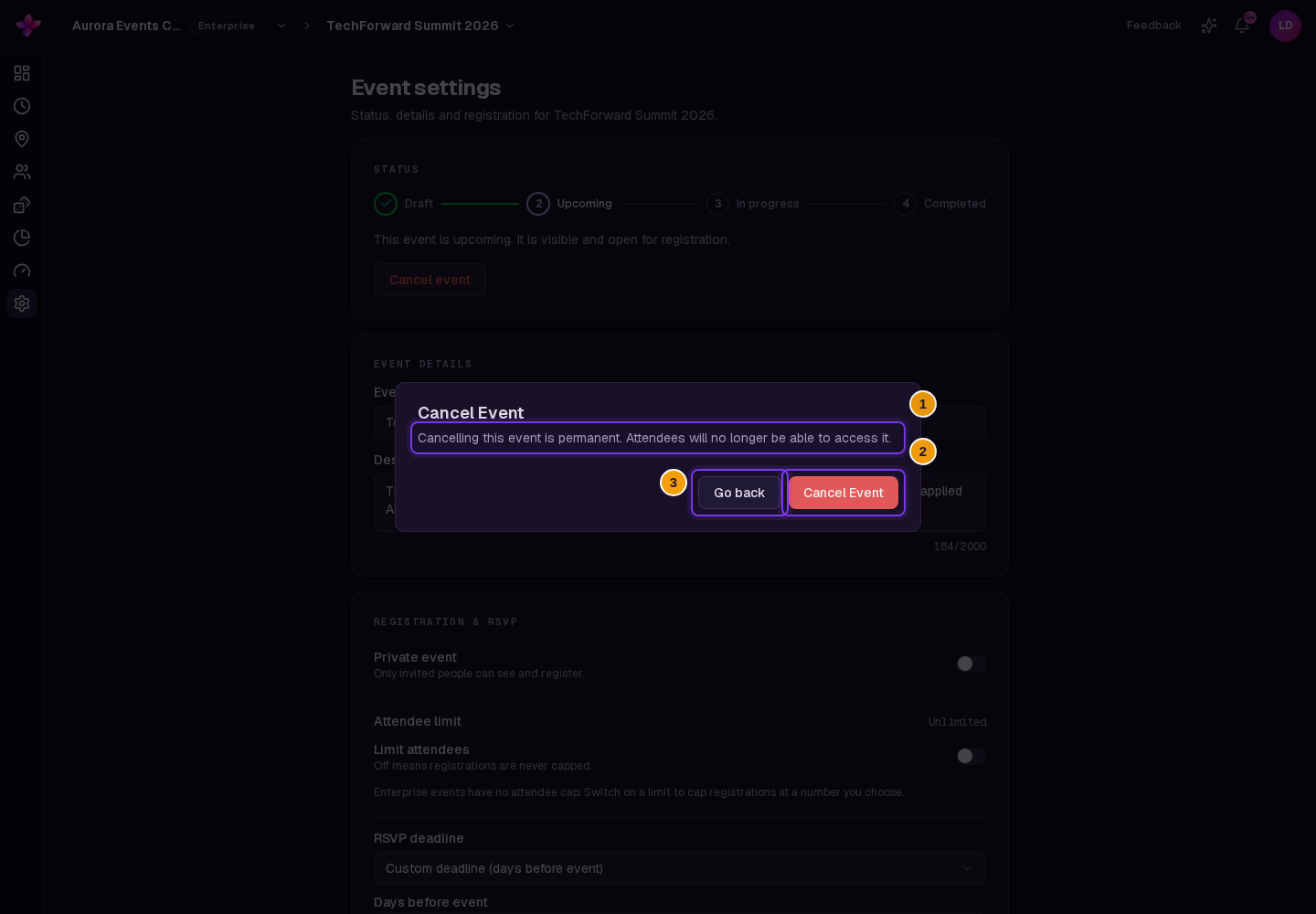 Cancel Event confirmation showing the permanent cancellation and attendee access warning