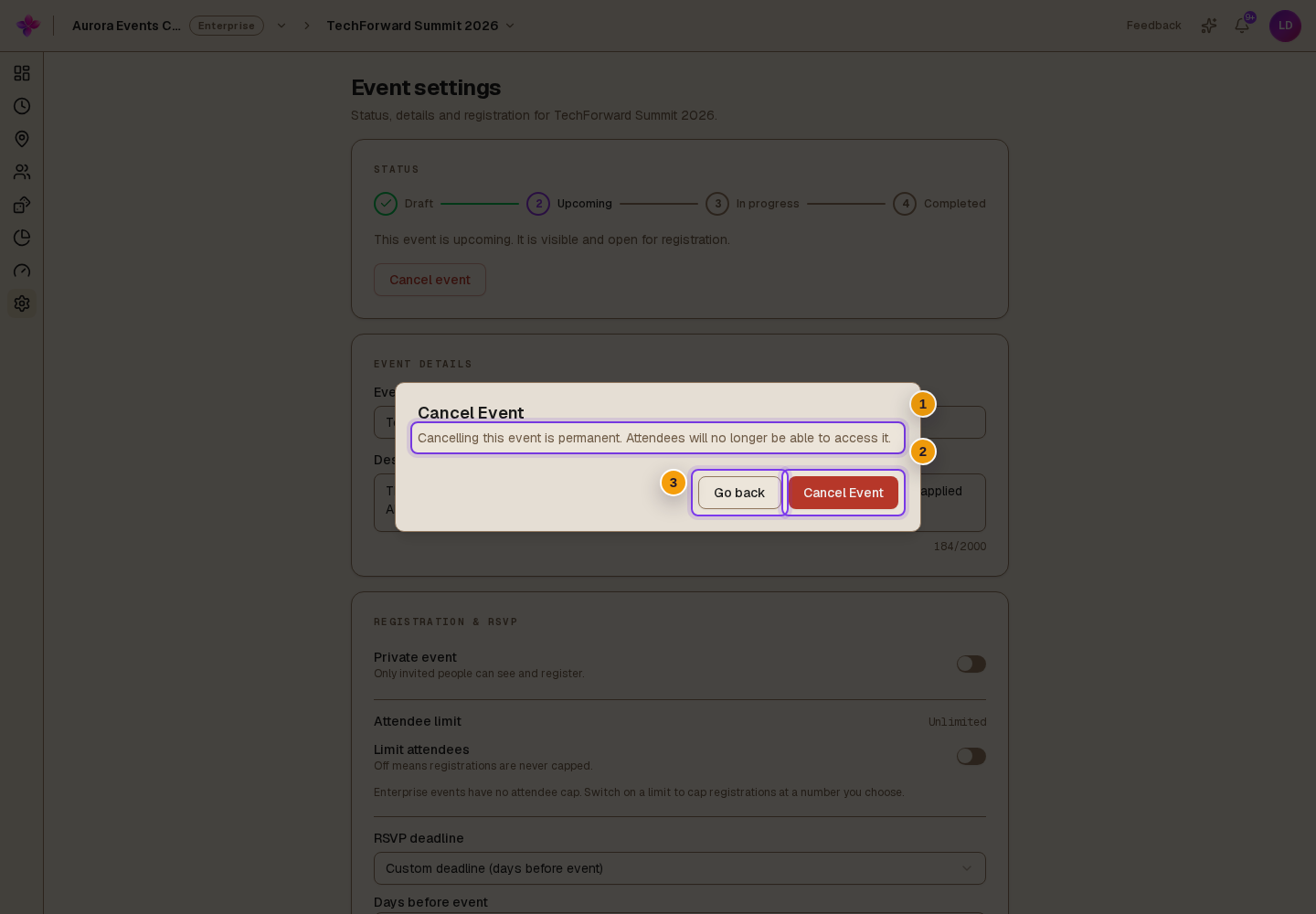 Cancel Event confirmation showing the permanent cancellation and attendee access warning