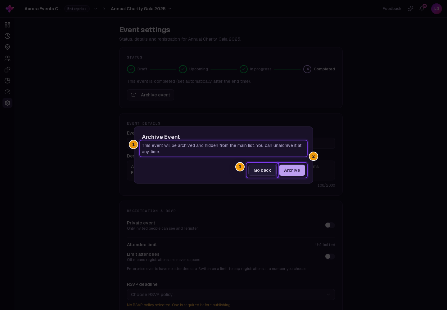 Completed event with Archive Event confirmation open, Archive and Go back visible