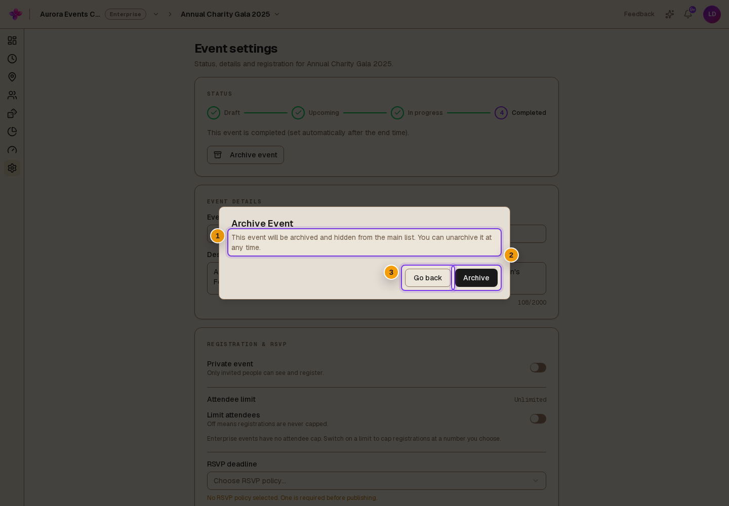 Completed event with Archive Event confirmation open, Archive and Go back visible