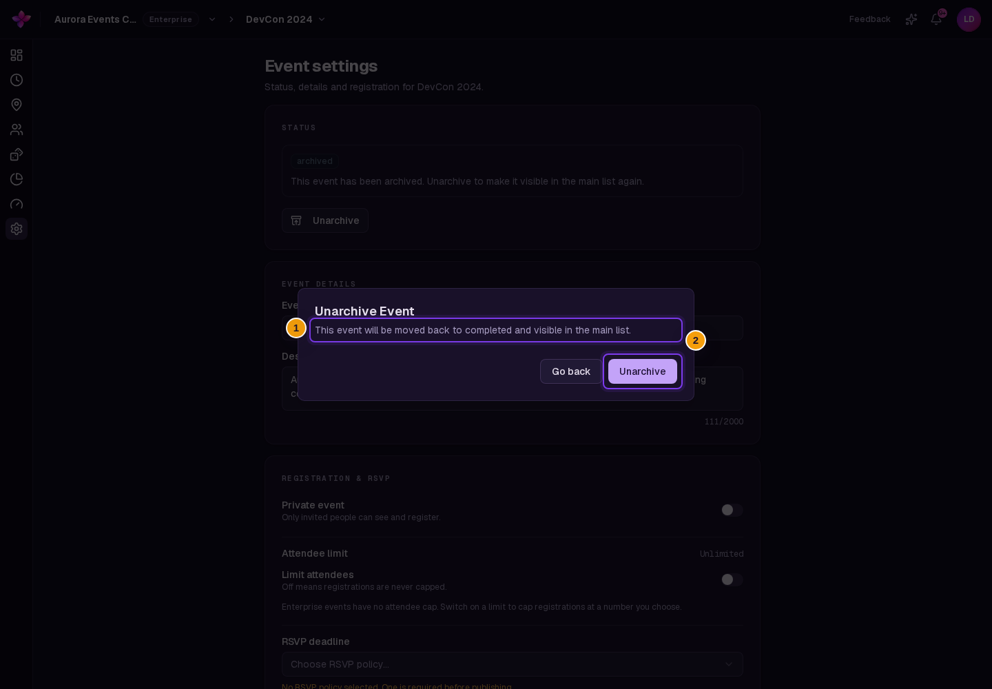 Archived event with Unarchive Event confirmation open