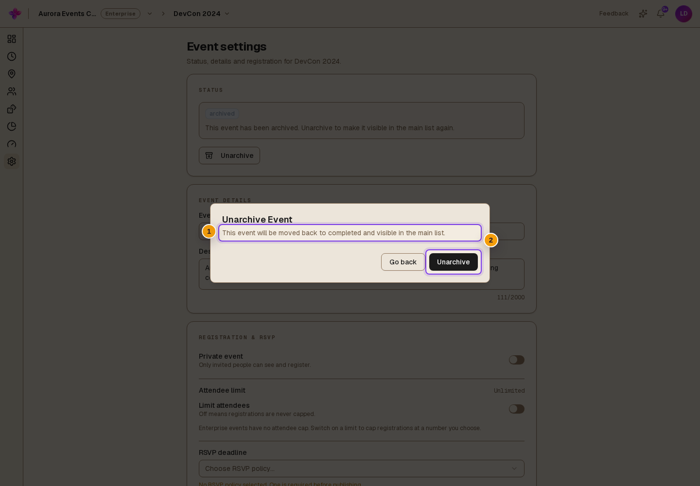 Archived event with Unarchive Event confirmation open