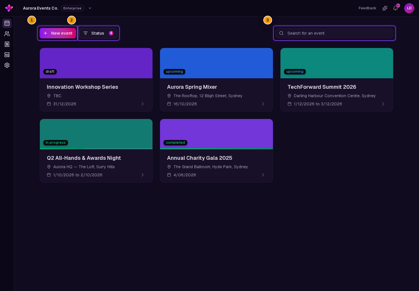 Organisation events dashboard with New event, Status and Search for an event visible