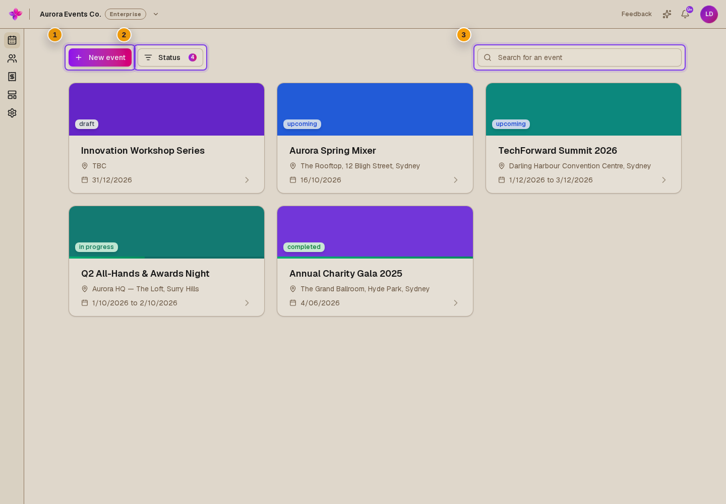 Organisation events dashboard with New event, Status and Search for an event visible