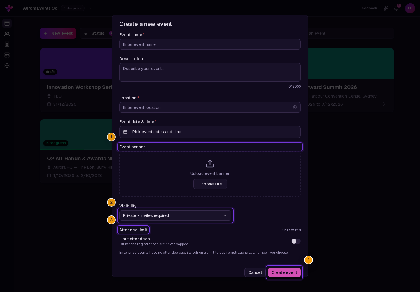 Create a new event dialog with required details, visibility, attendee limit and the current create button visible