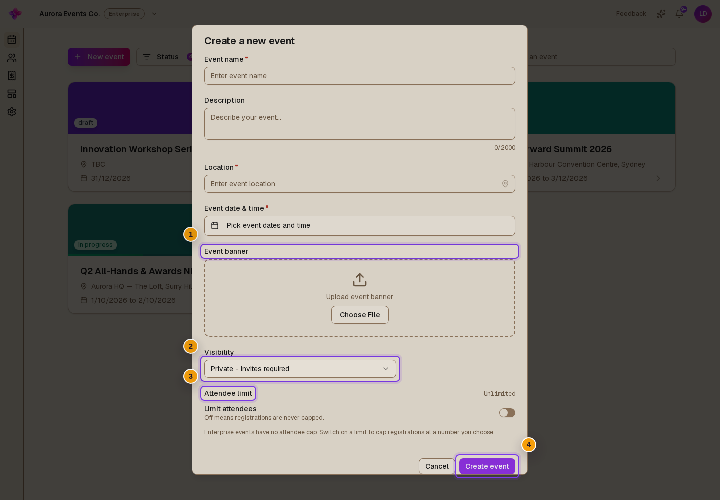 Create a new event dialog with required details, visibility, attendee limit and the current create button visible