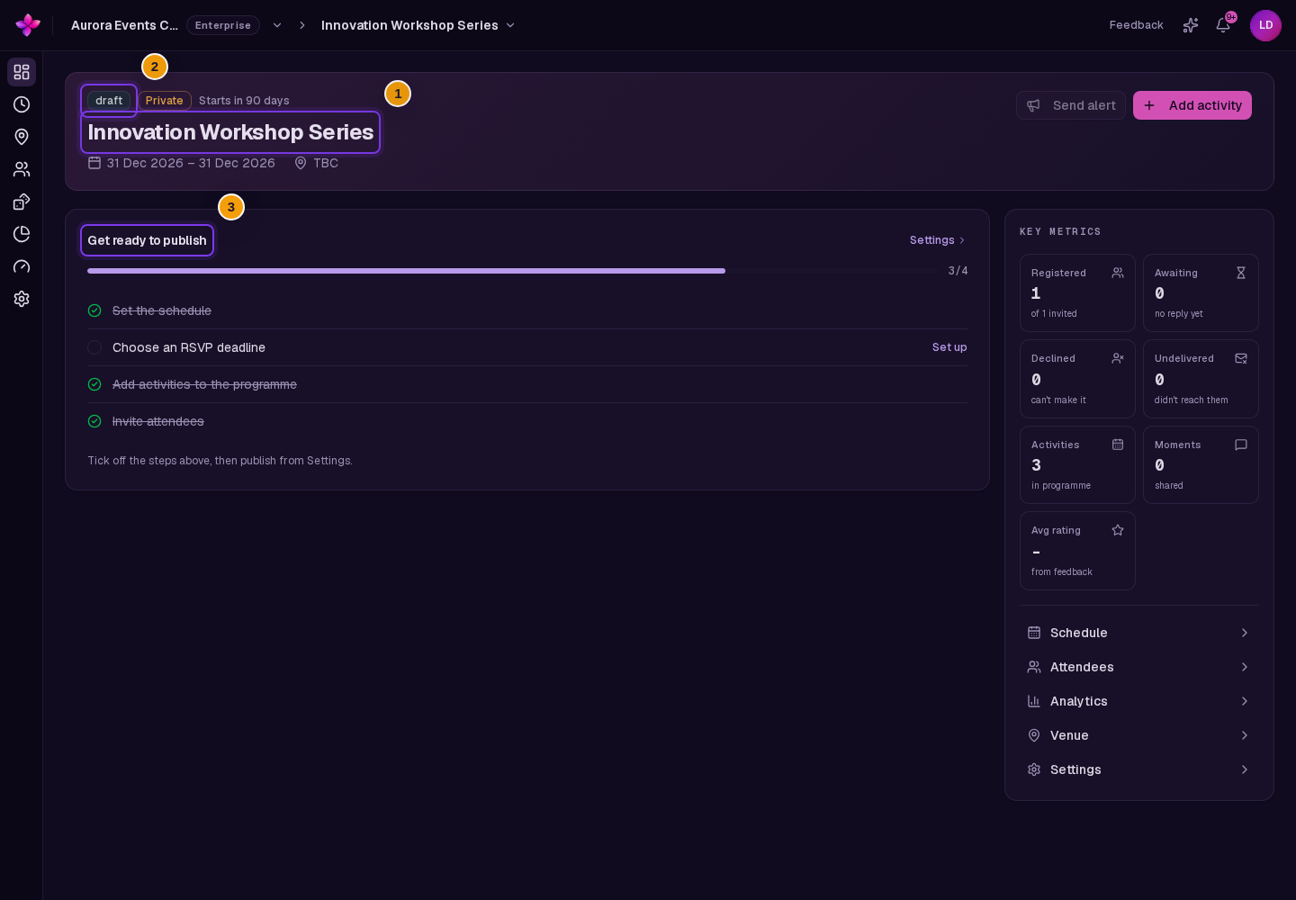 Draft overview with event name, status and Get ready to publish checklist visible
