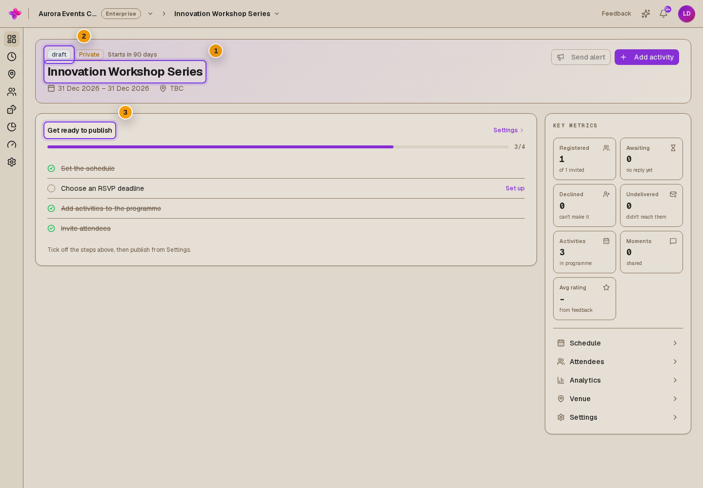 Draft overview with event name, status and Get ready to publish checklist visible