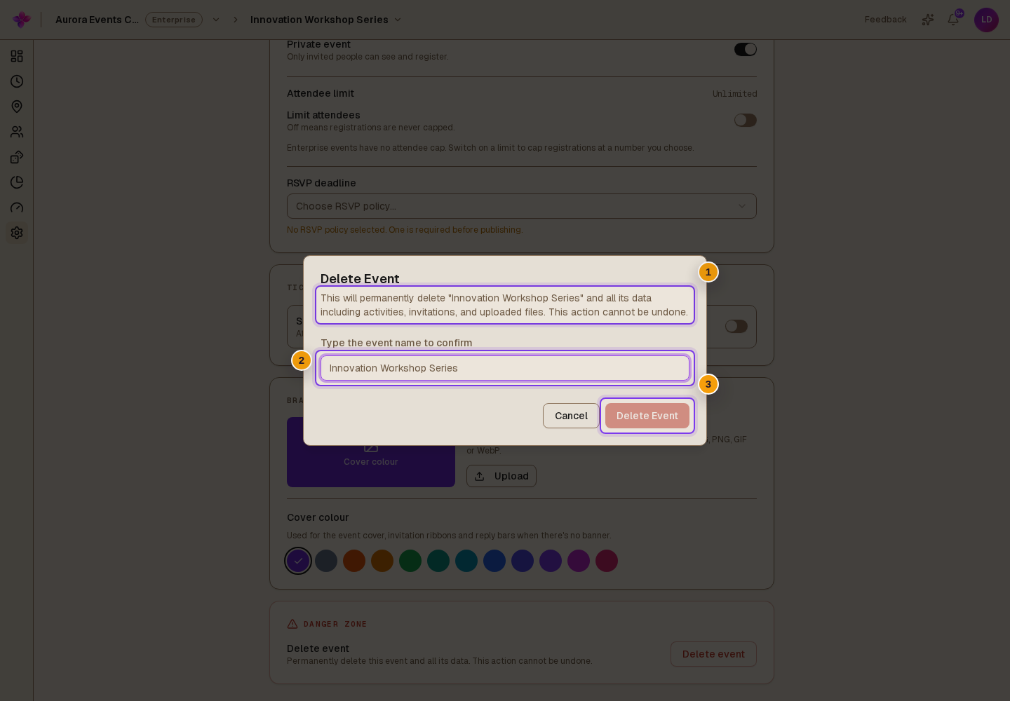Delete Event dialog with the event-name confirmation field and disabled Delete Event button before the name matches