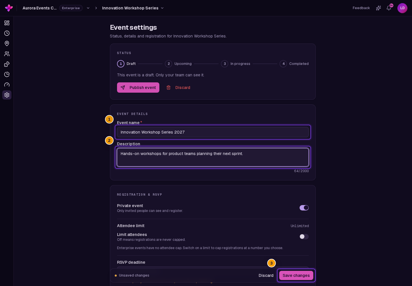 Event details with edited Event name and Description and the Unsaved changes bar visible