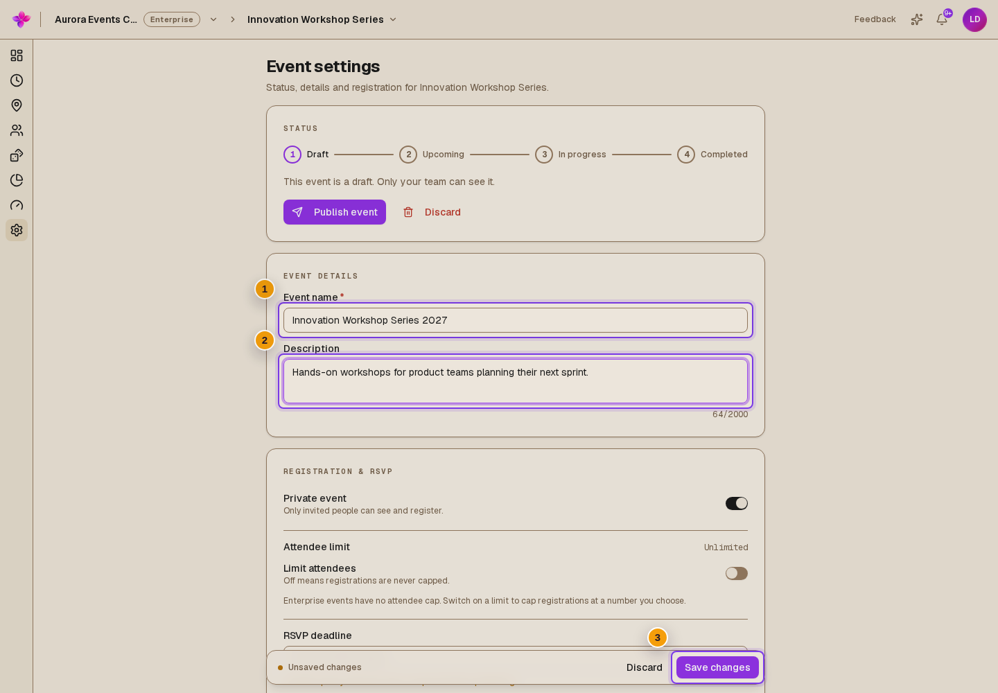 Event details with edited Event name and Description and the Unsaved changes bar visible