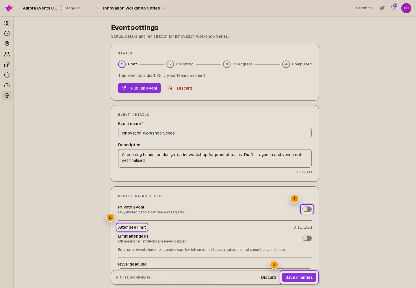 Registration & RSVP with Private event, Attendee limit and Save changes visible