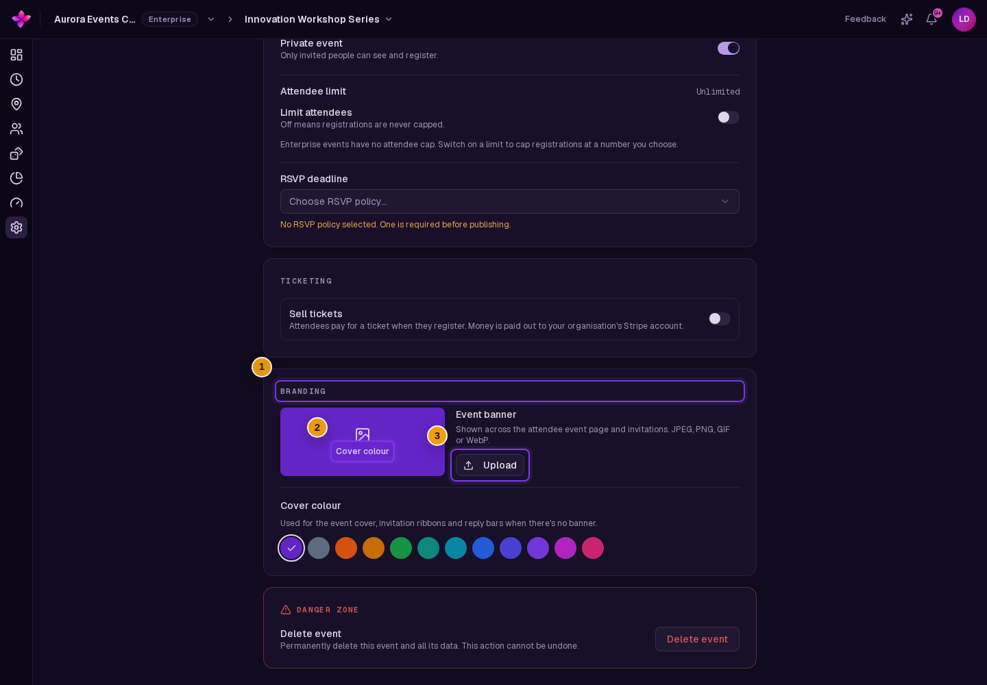Branding without a saved banner, with the cover colour preview and Upload button visible