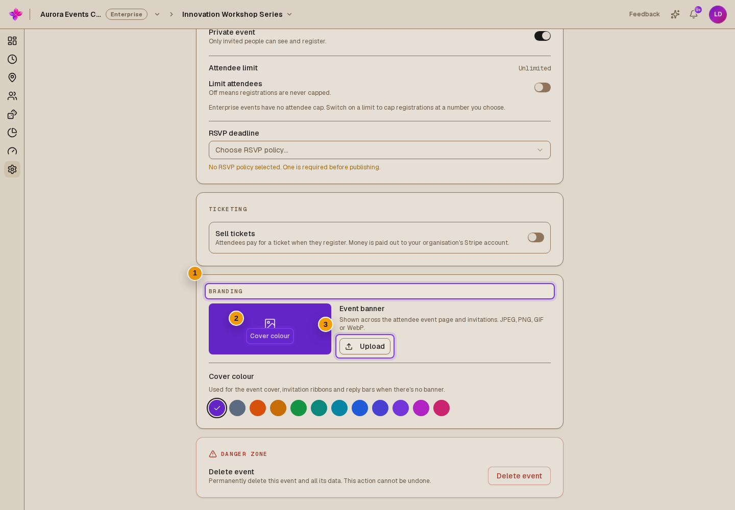Branding without a saved banner, with the cover colour preview and Upload button visible