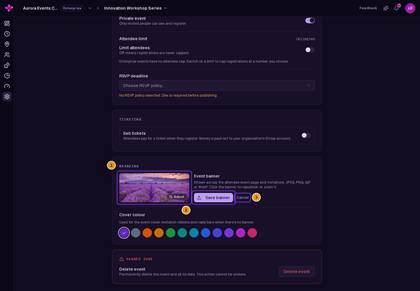 Branding with a newly selected banner preview, Save banner and Cancel visible
