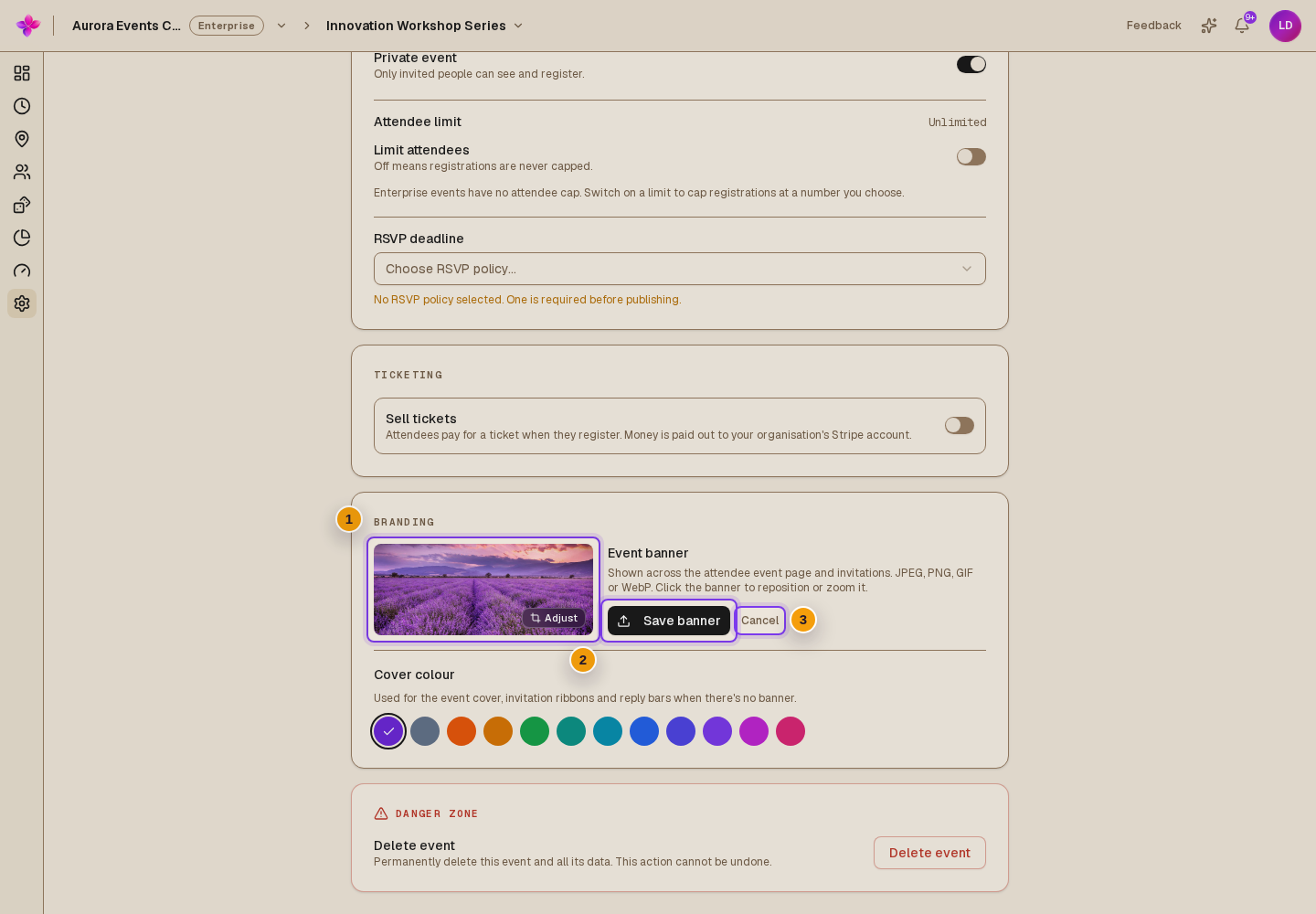 Branding with a newly selected banner preview, Save banner and Cancel visible