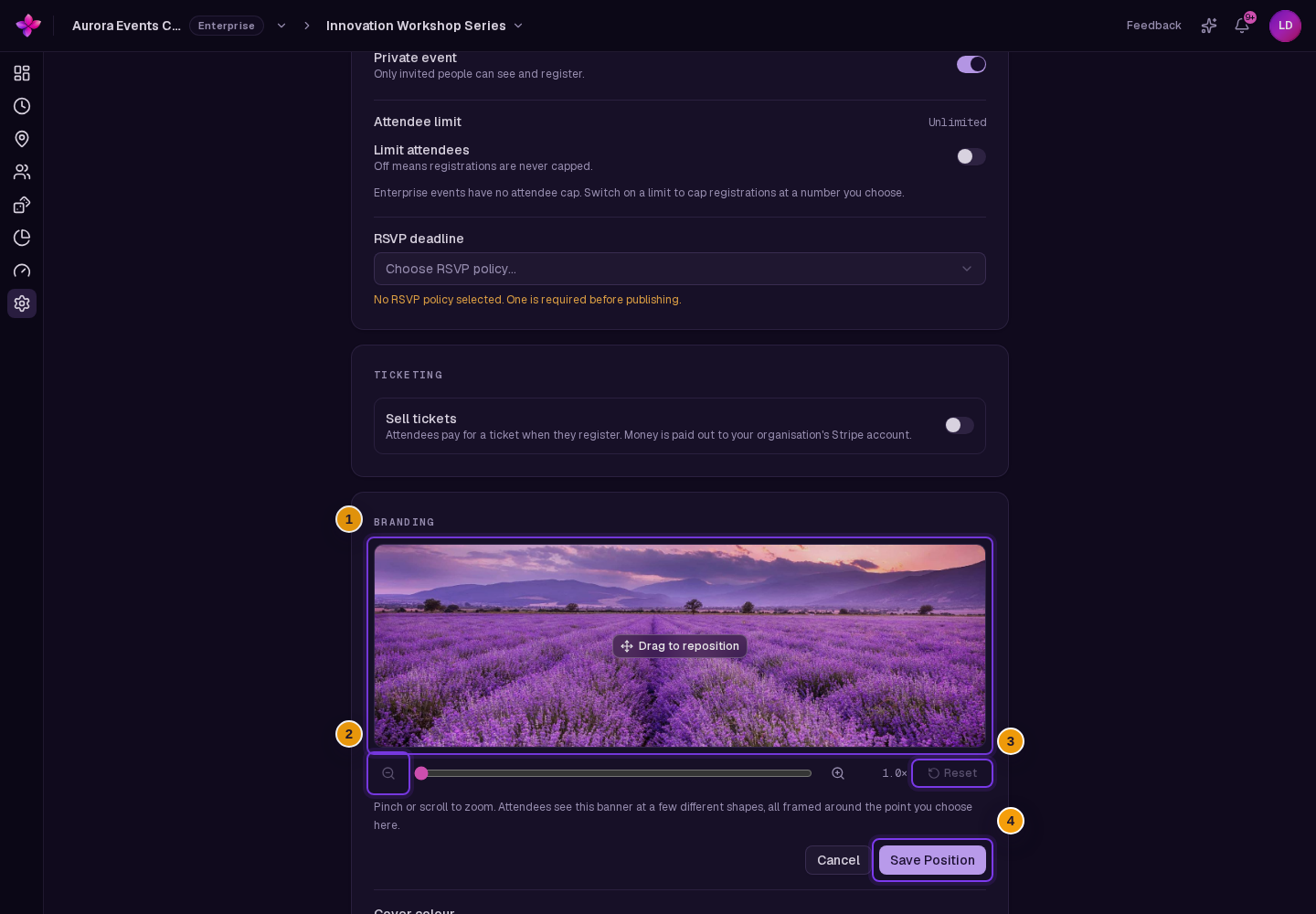 Banner position editor open with drag area, zoom controls, Reset and Save Position visible