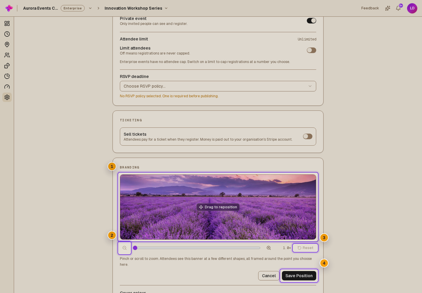 Banner position editor open with drag area, zoom controls, Reset and Save Position visible