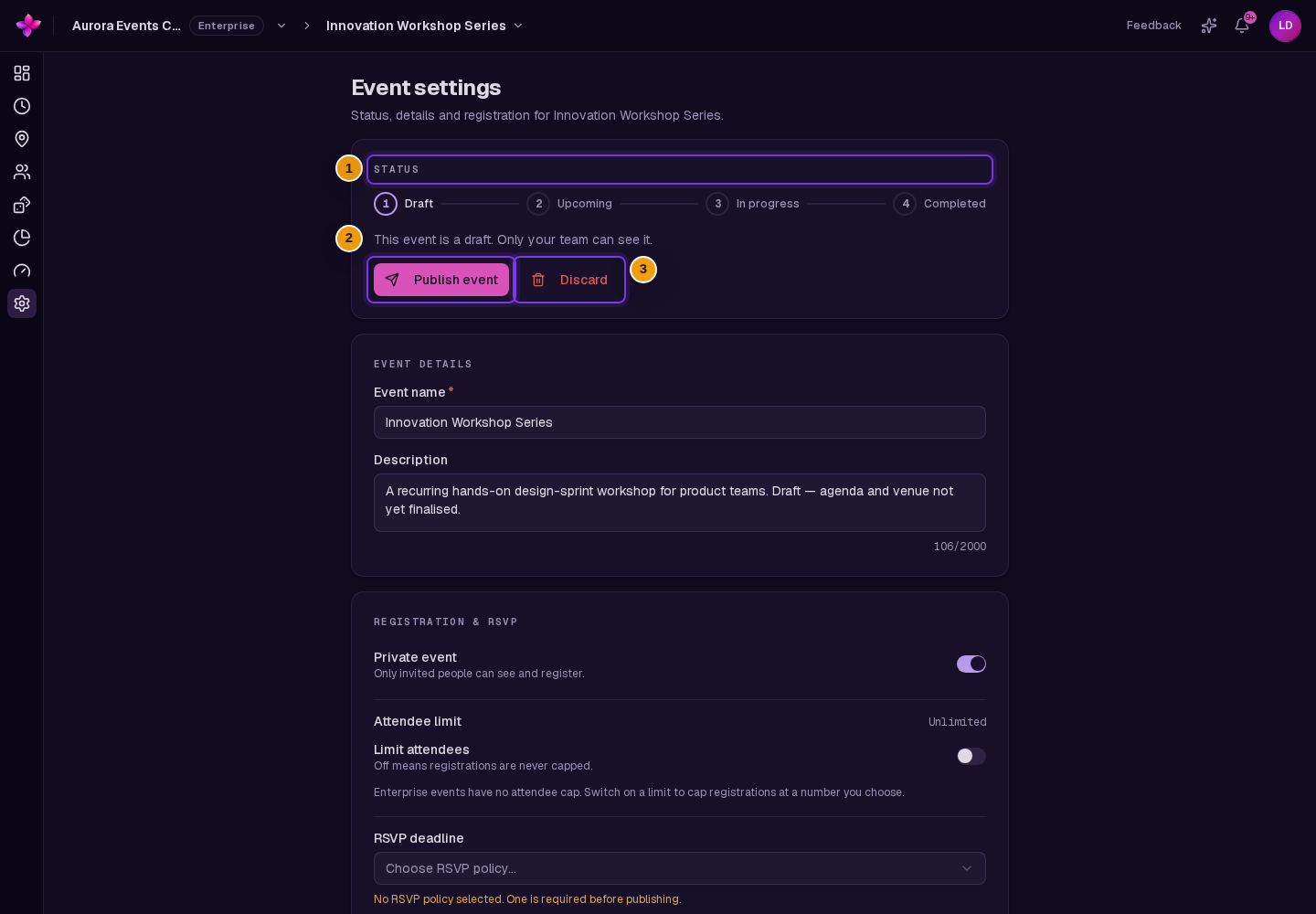 Draft Status card with Publish event and Discard visible
