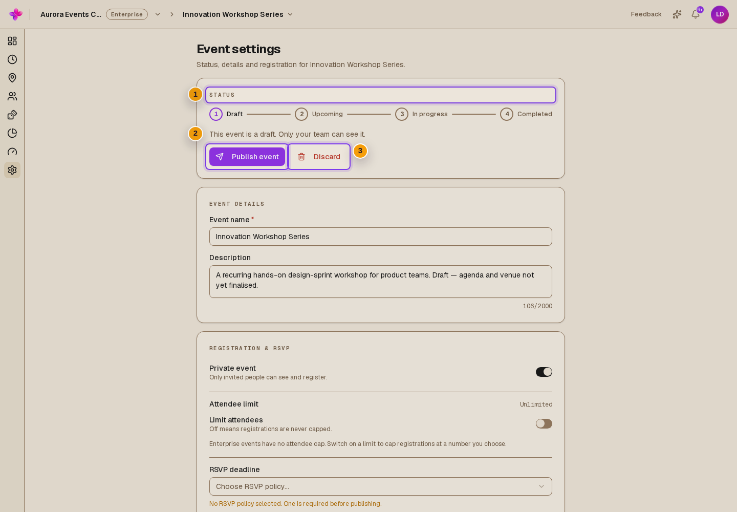 Draft Status card with Publish event and Discard visible