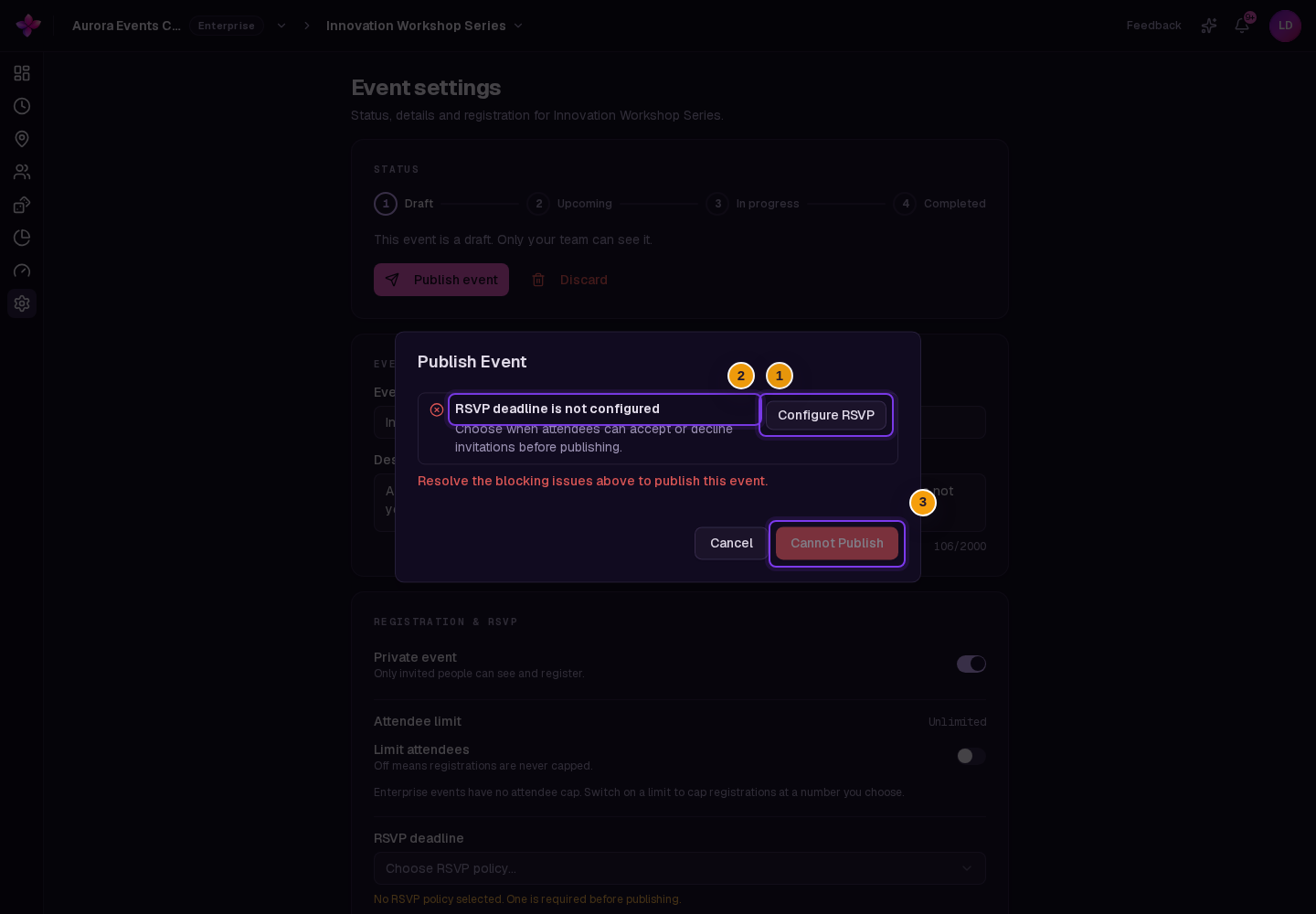 Publish Event dialog showing a blocker, its suggested fix and disabled Cannot Publish button